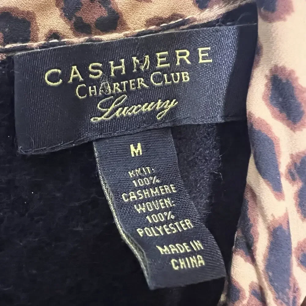 Charter Club Women's 100% Cashmere Leopard Print Trimmed Sweater Sz M Black - Picture 8 of 11